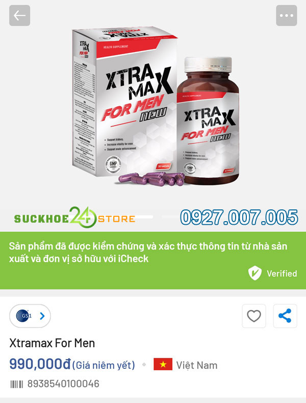 Kết quả của Xtramax For Men khi kiểm tra bằng iCheck