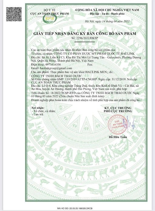 chứng nhận Haulink men