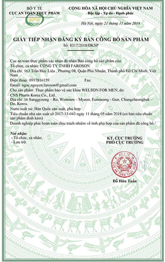 Giấy chứng nhận Welson For Men 